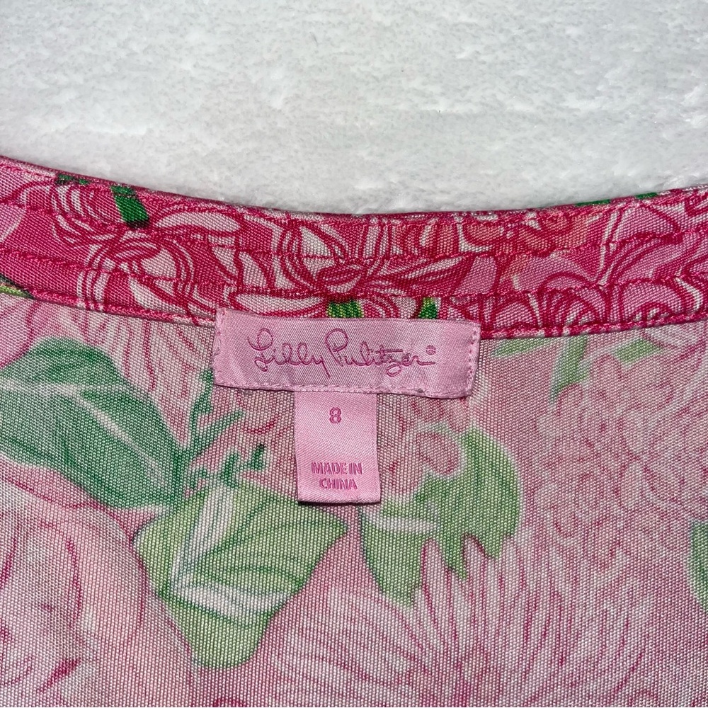 Lilly Pulitzer 100% Silk Rose Floral Split Neck SS Dress Pink Sz 8 No Belt - Picture 5 of 12